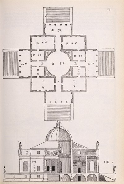 Plan and cross section of Villa Rotunda, illustration from a facsimile copy of 